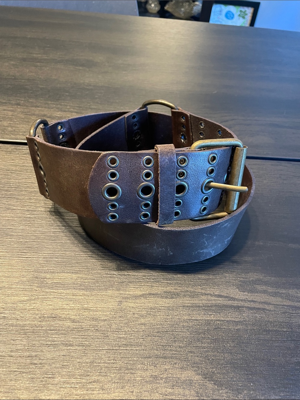 Buckle Brown Leather Belt with Brass-Tone Buckle